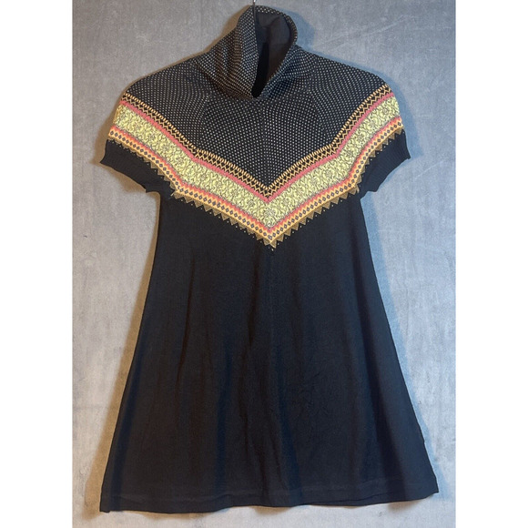 Free People Black‎ Boho Pattern A-Line Short Sleeve Turtle Neck Sweater Sz XS - Picture 1 of 7